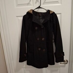 Ruby Rox Small Black‎ Chocolate Brown Double-Breasted Leopard Hooded Peacoat